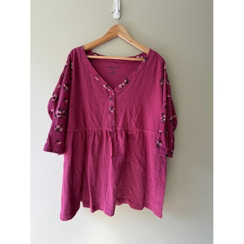 Floral Woman Within Top Women 18/20 Pink Waffle Knit Henley Babydoll Thermal 3/4 - Picture 5 of 5